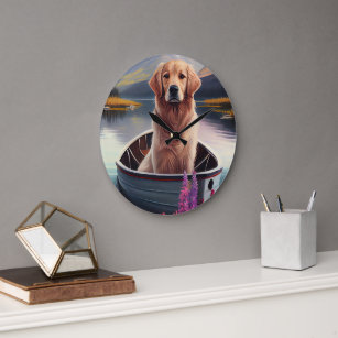 Golden Retriever on a Paddle: A Scenic Adventure Large Clock