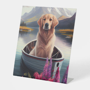 Golden Retriever on a Paddle: A Scenic Adventure Pedestal Sign