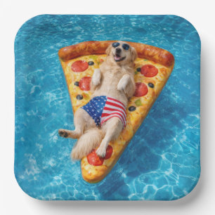 Golden Retriever on a Pizza Air Mattress Paper Plate