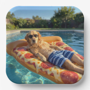 Golden Retriever on a Pizza Slice Pool Float Paper Plate