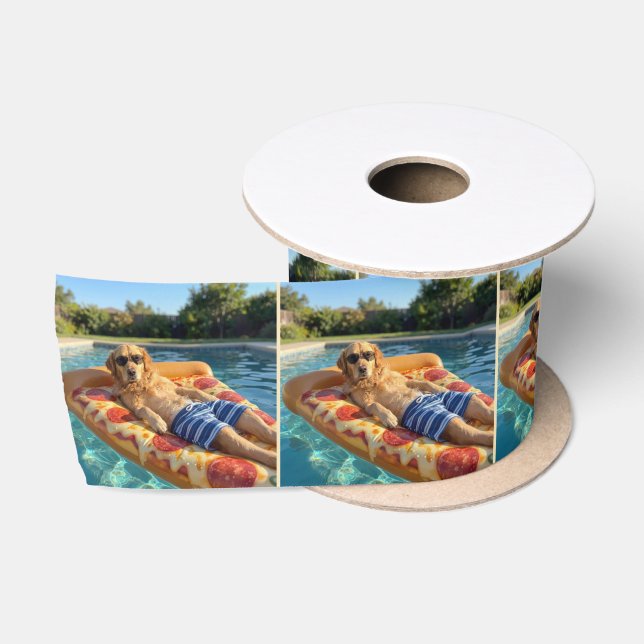 Golden Retriever on a Pizza Slice Pool Float Satin Ribbon (Spool)