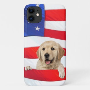 golden retriever on American flag iPhone 11 Case