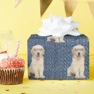 Golden Retriever on Blue Jean Denim  Wrapping Paper