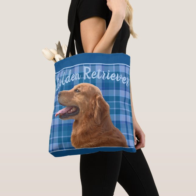 Golden Retriever on Blue Plaid Tote Bag (Close Up)