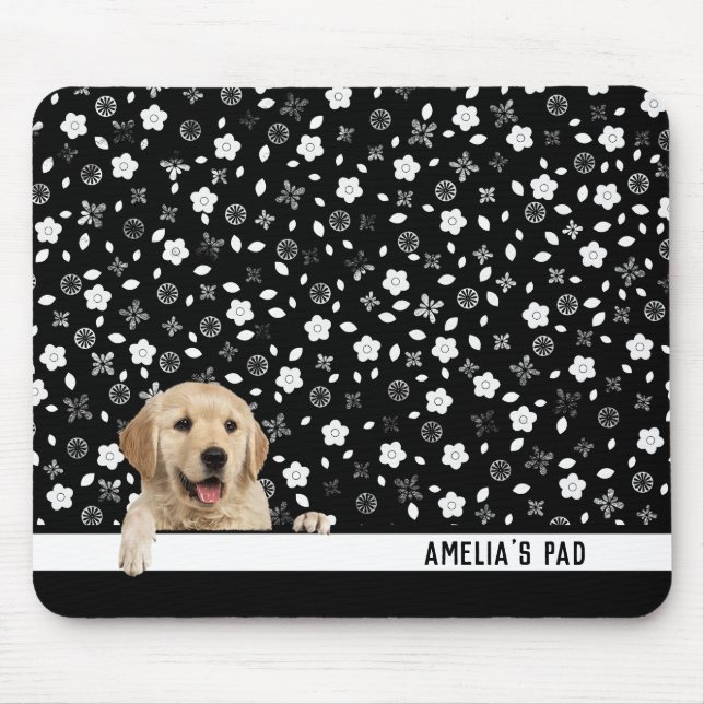 Golden Retriever on Floral Print Mouse Mat (Front)