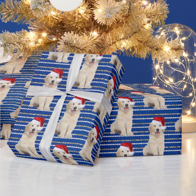 Golden Retriever On Glitter Stripes Wrapping Paper (Holidays)