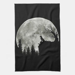Golden Retriever On Mountain Spooky Halloween Moon Tea Towel