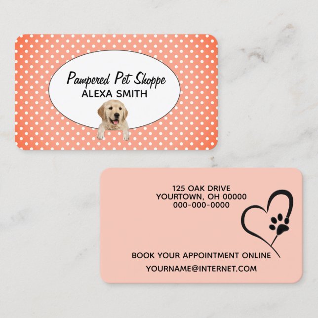 Golden Retriever on Polka Dots for Pet Grooming   Business Card (Front/Back)