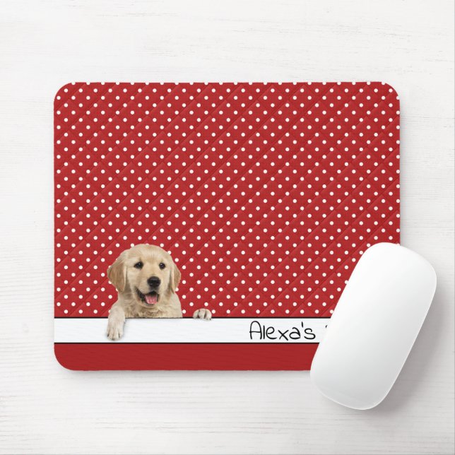 Golden Retriever on Polka Dots Mouse Mat (With Mouse)