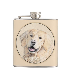 Golden Retriever Painting - Cute Original Dog Art Hip Flask