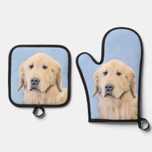 Golden Retriever Painting Cute Original Dog Art Oven Mitt & Pot Holder Set