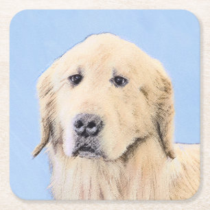 Golden Retriever Painting - Cute Original Dog Art Square Paper Coaster