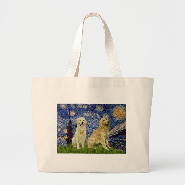 Golden Retriever Pair 3 - Starry Night Large Tote Bag (Front)