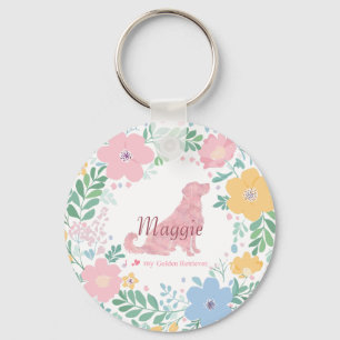 Golden Retriever Pastel Pink Flower Wreath Key Ring