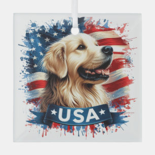 Golden Retriever Patriotic Glass Ornament