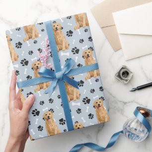 Golden Retriever Paw Print Pattern on Silver Blue Wrapping Paper