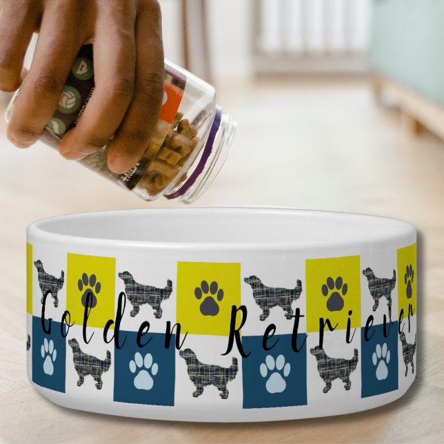Golden Retriever & Paw Yellow & Blue Grid Dog Bowl (Creator Uploaded)