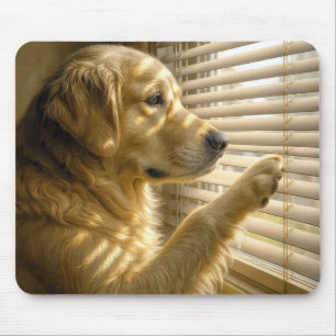 Golden Retriever Peeking Through Sunlit Blinds Mouse Mat