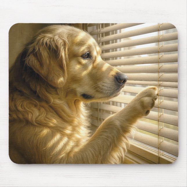 Golden Retriever Peeking Through Sunlit Blinds Mouse Mat (Front)