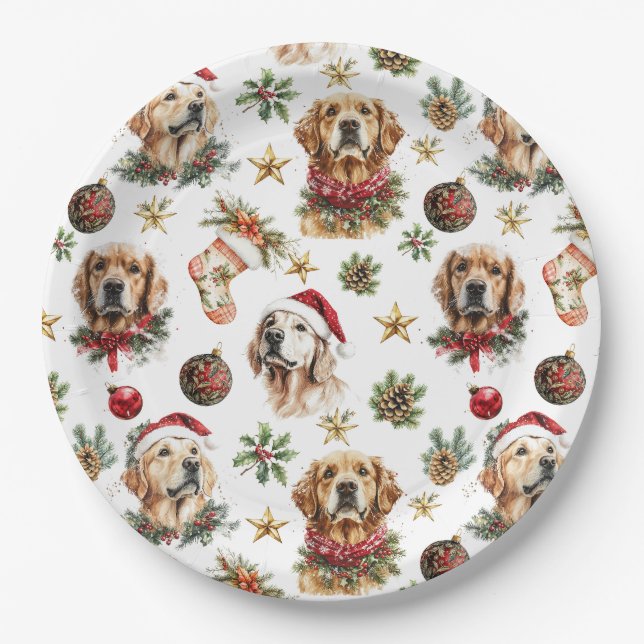 Golden Retriever Pet Dog Christmas Pattern  Paper Plate (Front)