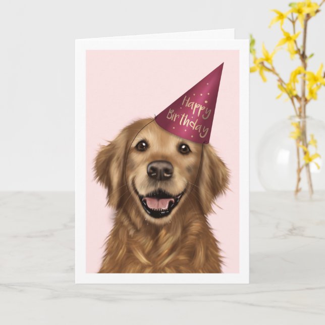 Golden Retriever Pink Birthday Greeting Card (Yellow Flower)