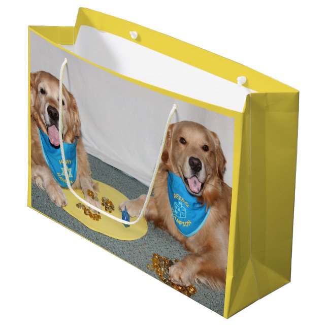 Golden Retriever Playing Dreidel Hanukkah Large Gift Bag (Front Angled)