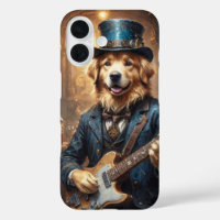 Golden Retriever playing guitar on stage