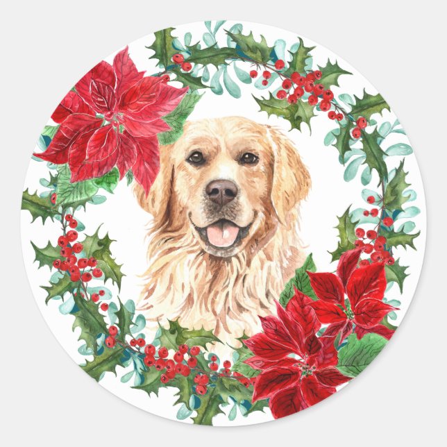 Golden Retriever Poinsettia Holly Christmas Wreath Classic Round Sticker (Front)