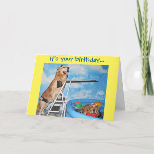Golden Retriever Pool Party Birthday Card