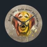 Golden Retriever pop art style Round Clock<br><div class="desc">This Golden Retriever pop art style clock features a pug in Fall shades of green, yellow, orange, brown with a dog quote: Being this cute must be freaking ruff. This fun and playful clock will add a pop of colour to your room. It's the perfect accent for any room in...</div>