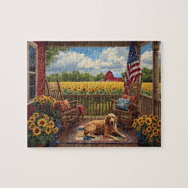 Golden Retriever Porch Sunflowers USA Flag Jigsaw Puzzle (Horizontal)