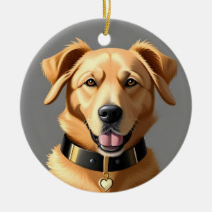 Golden Retriever Portrait Wearing Black Collar Ceramic Tree Decoration