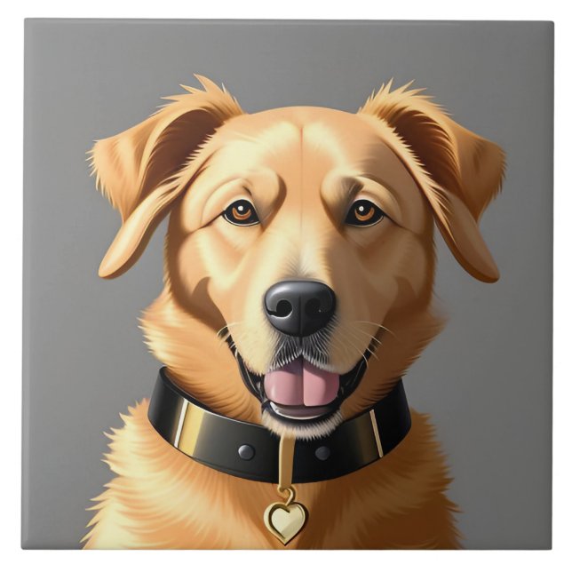 Golden Retriever Portrait Wearing Black Collar Tile (Front)