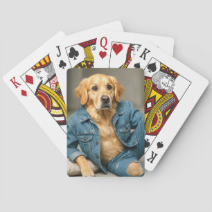Golden Retriever Posing In Blue Jeans Playing Cards