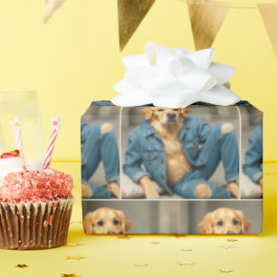 Golden Retriever Posing In Blue Jeans Wrapping Paper