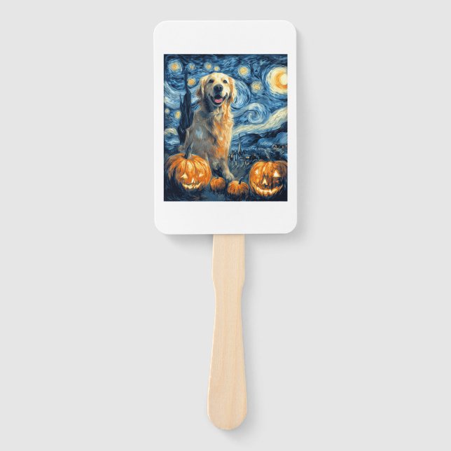 Golden Retriever Pumpkin Starry Night Dog Mom Van  Hand Fan (Front)