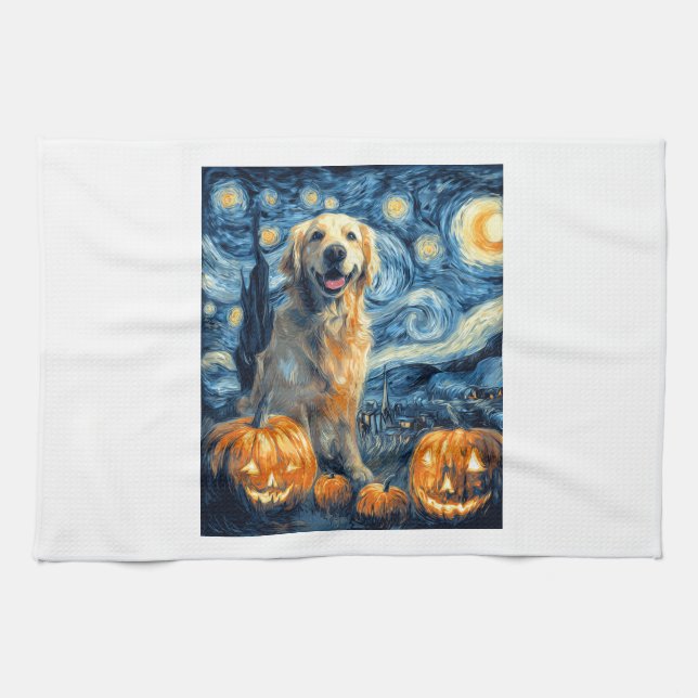 Golden Retriever Pumpkin Starry Night Dog Mom Van  Tea Towel (Horizontal)