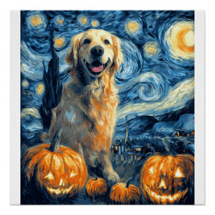 Golden Retriever Pumpkin Starry Night Dog Mum Van Poster