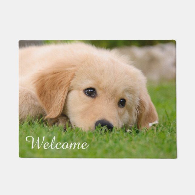 Golden Retriever Pup Dreaming Personalised Welcome Doormat (Front)