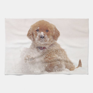 Golden Retriever Pup in Snow Tea Towel