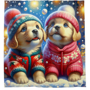 Golden Retriever Puppies’ First Christmas Shower Curtain