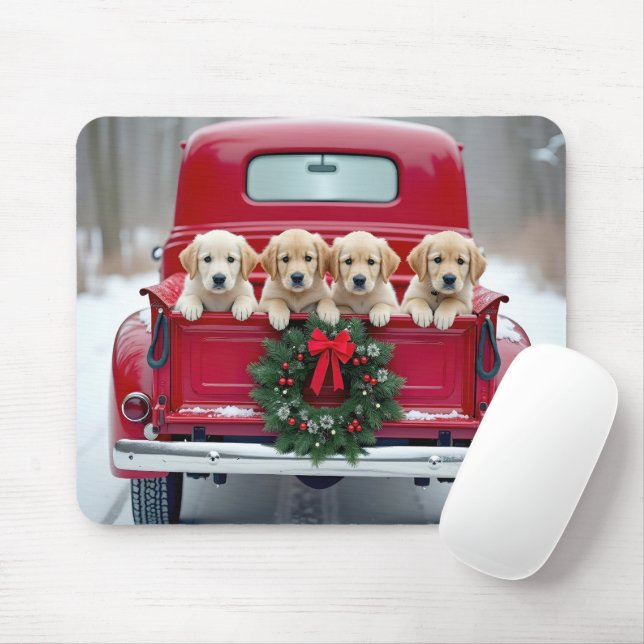 Golden Retriever Puppies In Christmas Truck Mouse Mat (With Mouse)