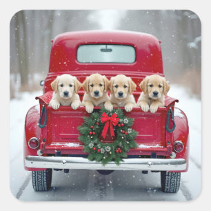 Golden Retriever Puppies In Christmas Truck Square Sticker