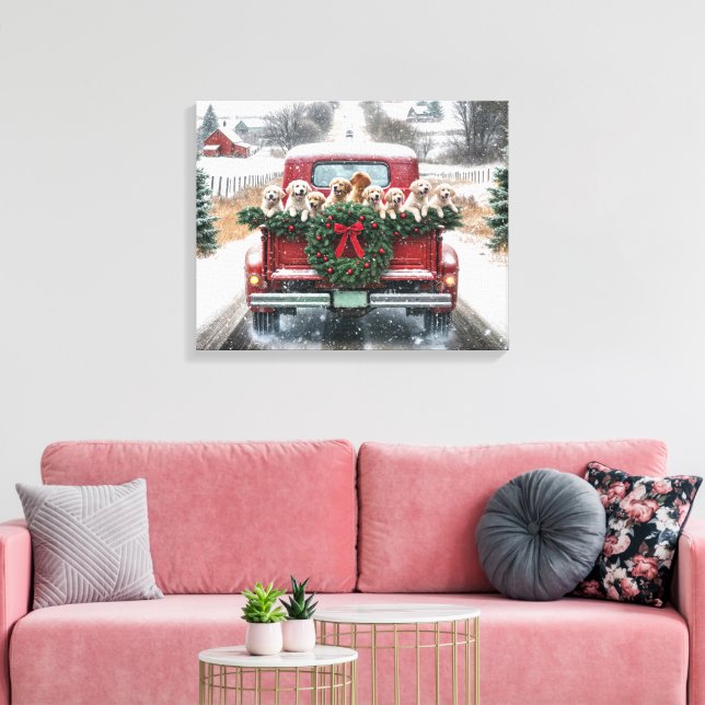 Golden Retriever Puppies In Red Christmas Truck Canvas Print (Insitu(LivingRoom))