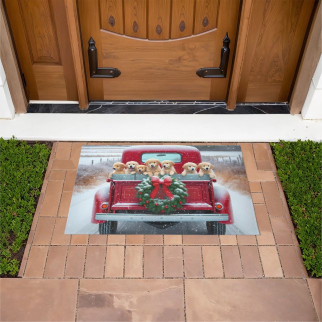 Golden Retriever Puppies In Red Christmas Truck Doormat (Outdoor)
