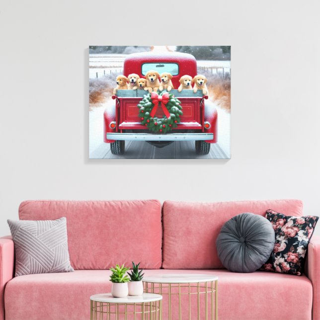 Golden Retriever Puppies In Retro Truck Canvas Print (Insitu(LivingRoom))