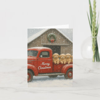 Golden Retriever Puppies in Truck Christmas Card