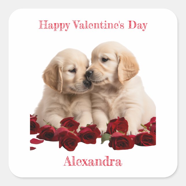 Golden Retriever Puppies Kissing Valentine Sticker (Front)
