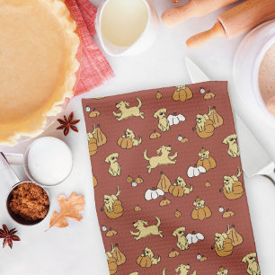 Golden Retriever Puppies Pumpkins Pattern Fall Tea Towel