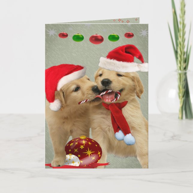 Golden Retriever Puppies Share Candy Cane Cards (Front)